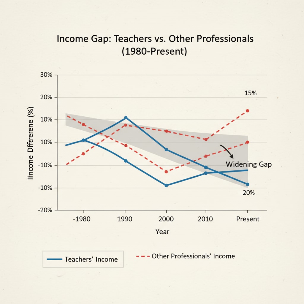 A line graph depicting the change in the income gap between teachers and other professionals from the past few decades to the present. Trend of the income gap between teachers and other professionals over time.