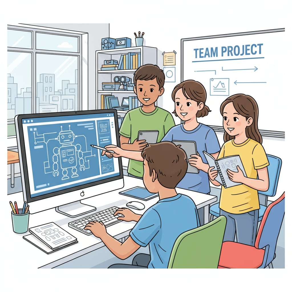 A group of students gathered around a computer, working together on a digital project, showing collaboration and engagement. Modern learning activity of students collaborating on a digital project