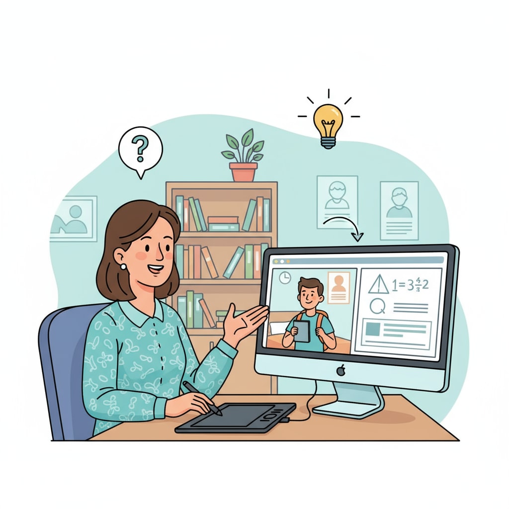 A teacher is engaged in an online tutoring session, interacting with a student via a computer screen. A teacher earning remote income through online tutoring