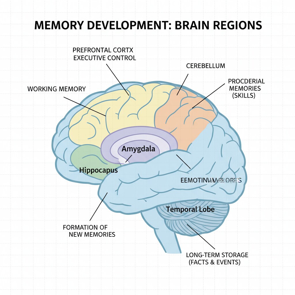 A simple diagram showing the brain regions related to memory development Diagram of brain regions involved in memory development