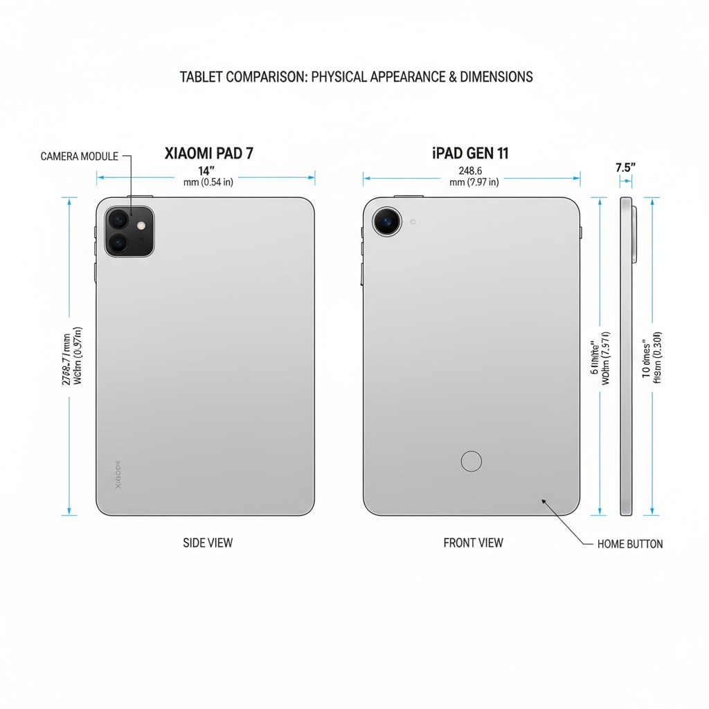 A side-by-side comparison of Xiaomi Pad 7 and iPad Gen 11, showing their physical appearance and dimensions. Tablet selection for learning and gaming - side-by-side comparison of Xiaomi Pad 7 and iPad Gen 11