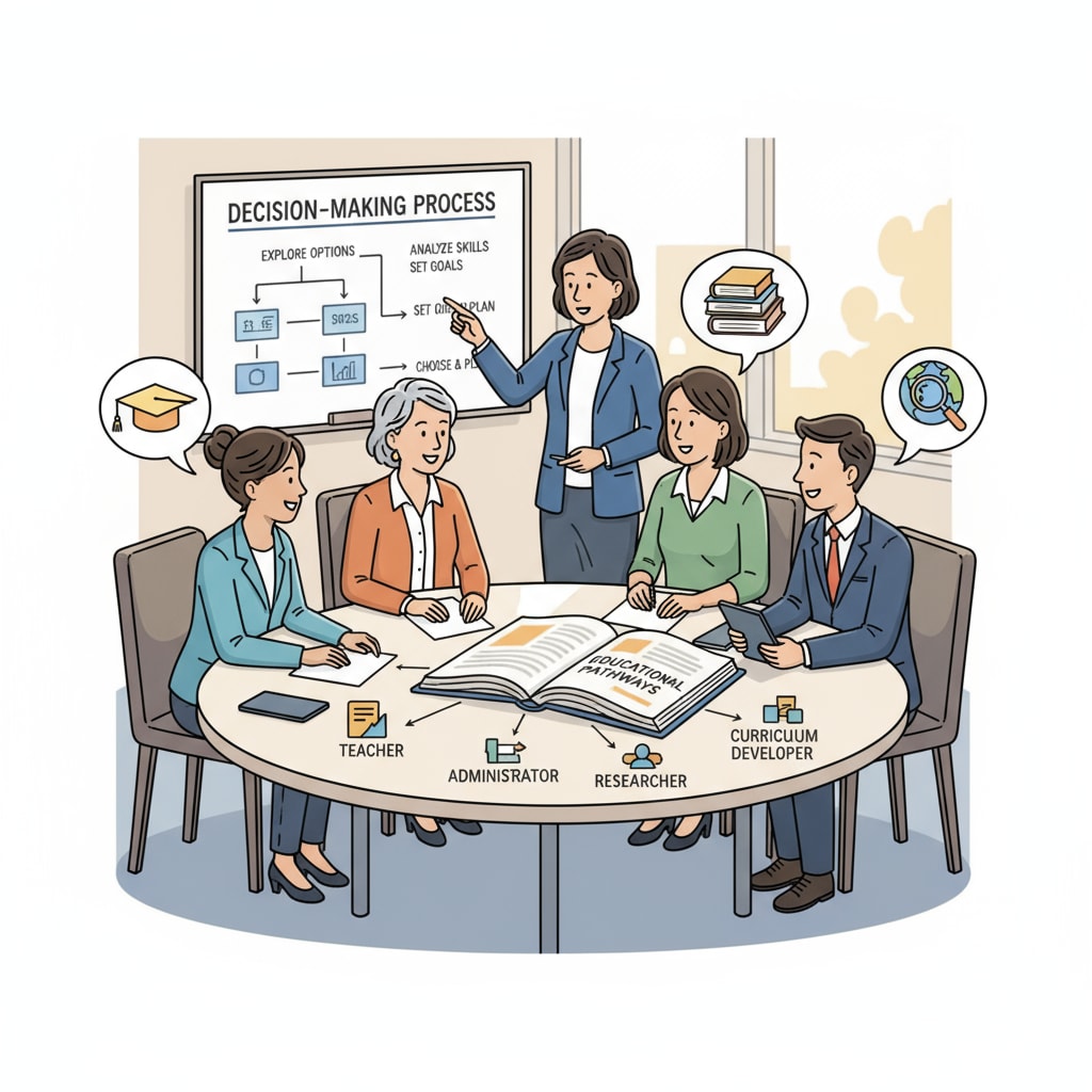 A group of educators is engaged in a discussion about educational plans, symbolizing the decision-making process in choosing educational career paths. Educators discussing career paths in educational leadership and curriculum design for career development