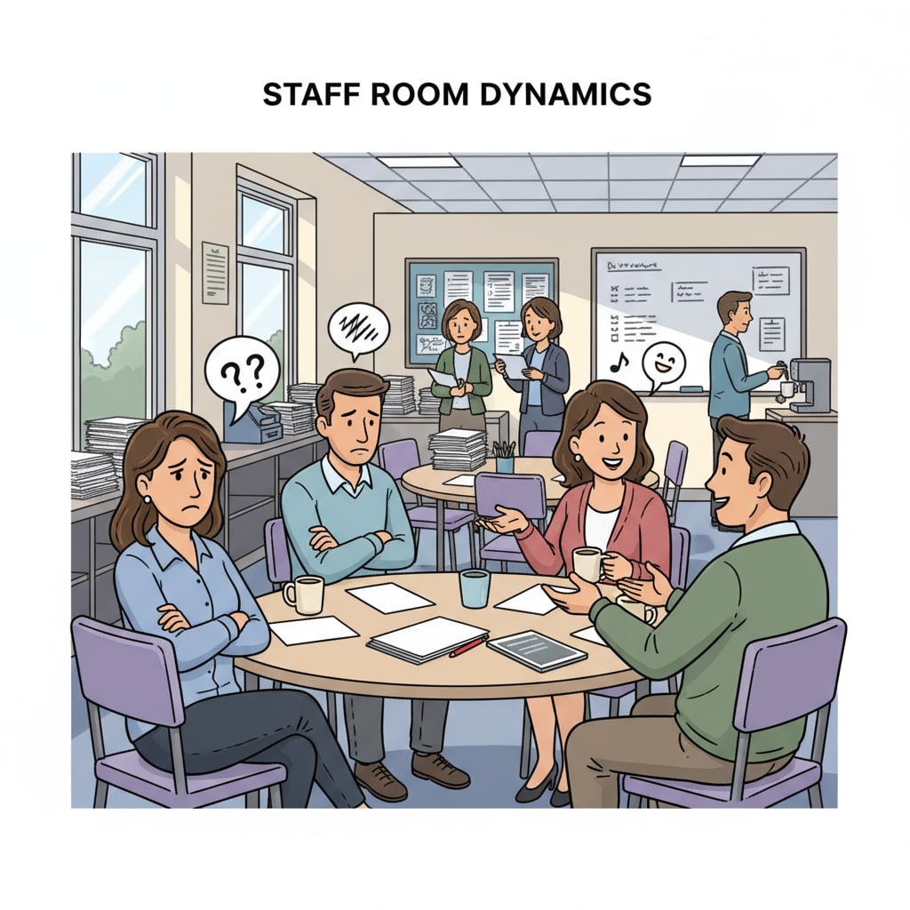 Teachers in a school staff room showing signs of interpersonal tension and harmony related to school management