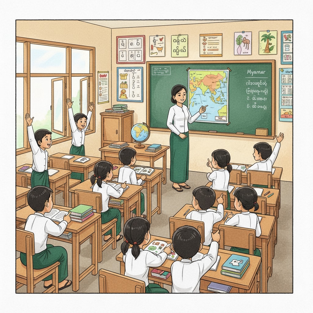 A classroom scene in Myanmar where students are actively engaged in learning, showing the enthusiasm and eagerness for knowledge in the local education environment. Classroom in Myanmar with students eager to learn, related to Myanmar's K12 education and international attention
