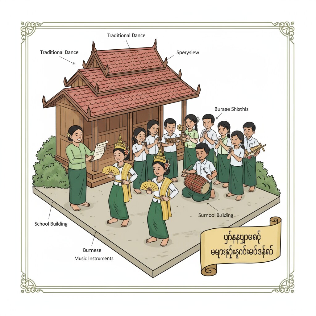 Students in Myanmar taking part in a cultural activity during school hours, highlighting the integration of culture in the local education system. Students in Myanmar participating in cultural activity, relevant to Myanmar's educational resources and international attention