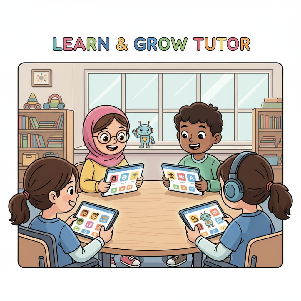 A group of children with special needs are sitting around a table, using tablets that display tutoring app interfaces. Some are smiling, indicating a positive interaction with the app. Children with special needs using tutoring apps