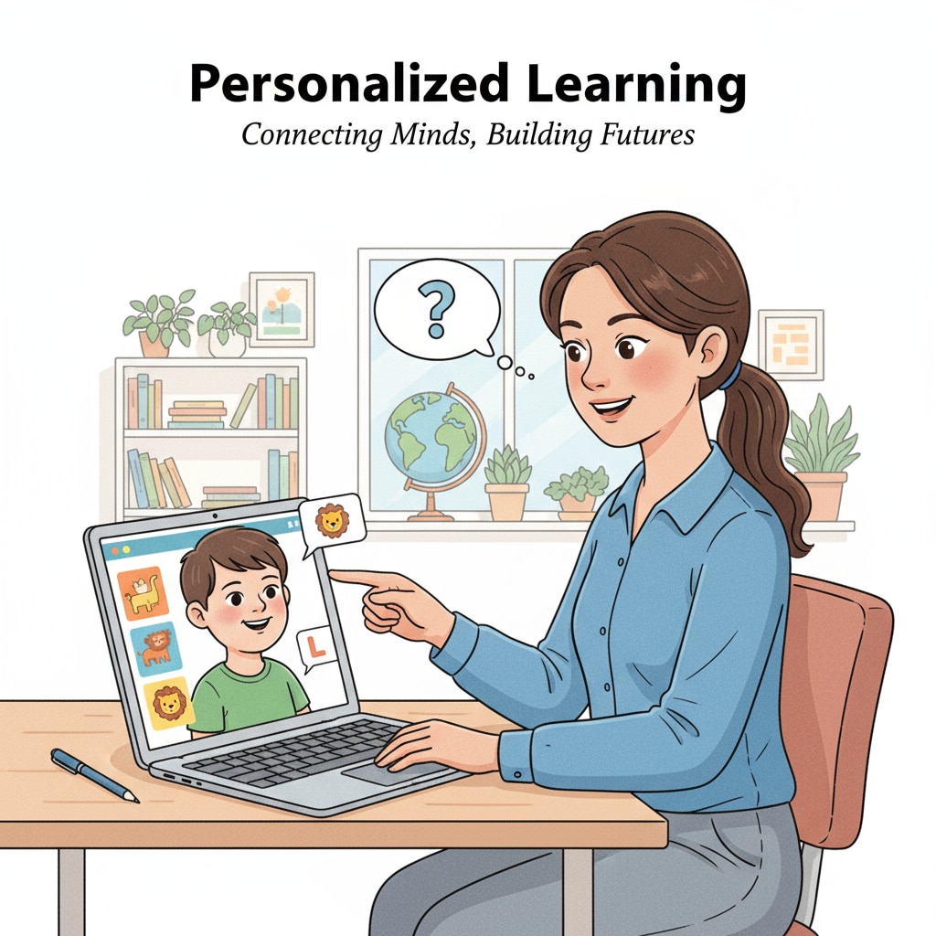 A tutor is sitting in front of a laptop, using a tutoring app to interact with a special needs child. The child's face is visible on the screen, and the tutor is pointing at something on the screen, engaged in teaching. Tutor using a tutoring app to interact with a special needs child