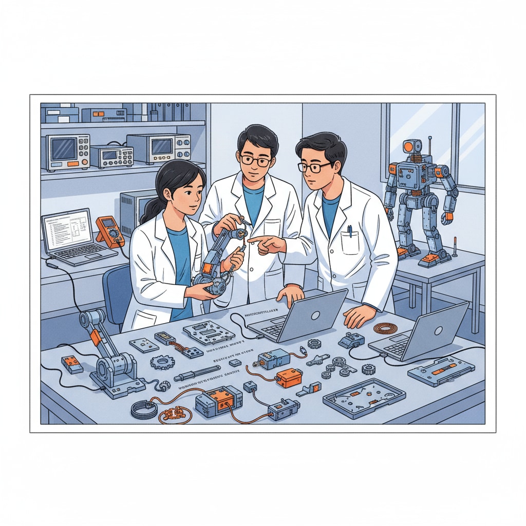 A group of students are collaborating on a robotics project in a modern laboratory, with various robotic components and equipment visible. K12 students in the Philippines exploring robotics options abroad, considering career planning and study costs