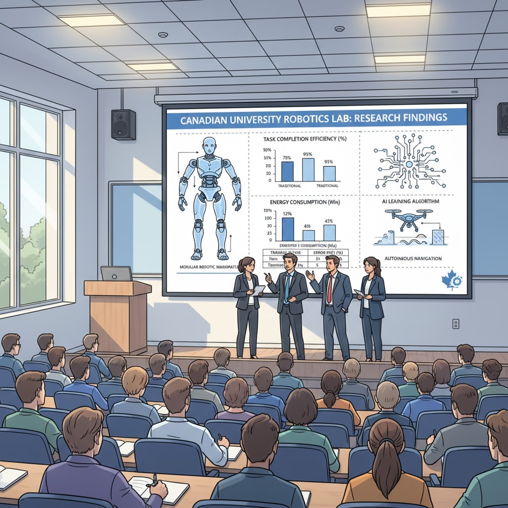Students are presenting their robotics research findings at a Canadian university. The presentation board shows diagrams and data related to their robotics project. Canadian university robotics research presentation, relevant to career planning for students pursuing a robotics master's degree considering study costs