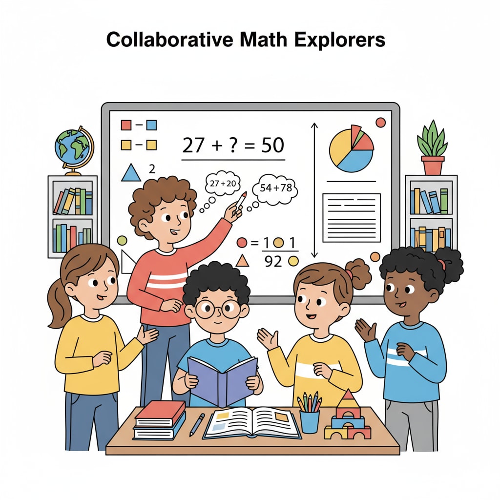 Fourth-grade students discussing negative number math problems on a whiteboard
