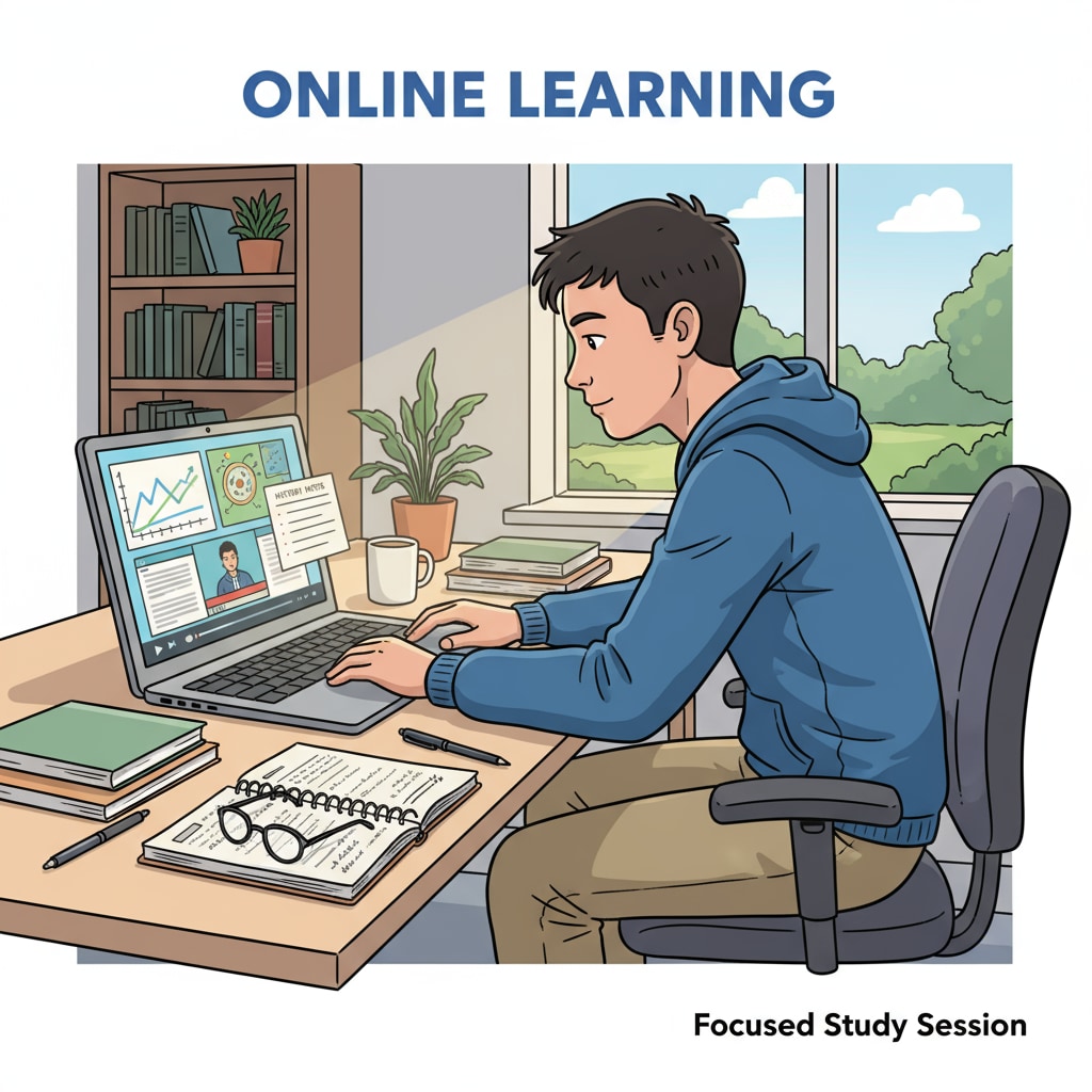 A student focused on online learning to enhance productivity and maintain mental health while avoiding procrastination.