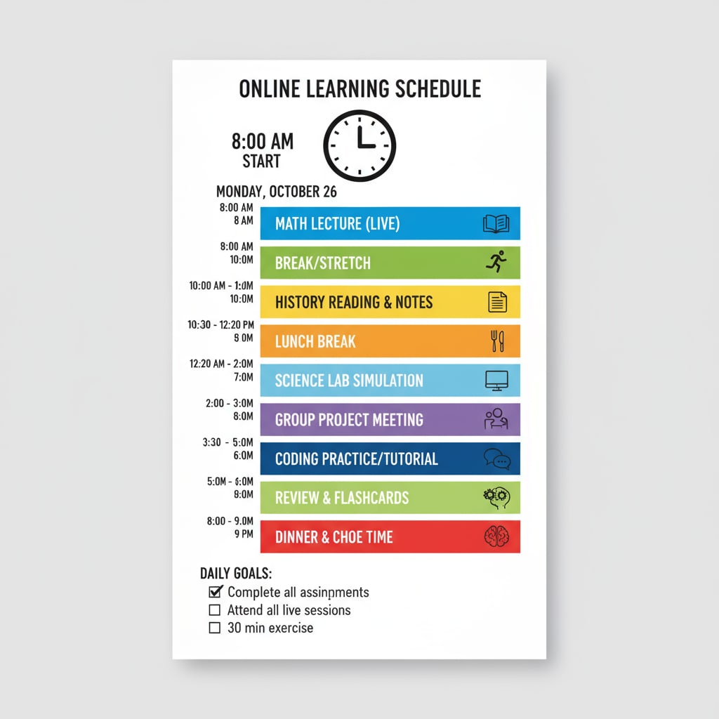 A study schedule for online learning to boost productivity, manage procrastination, and support mental health.
