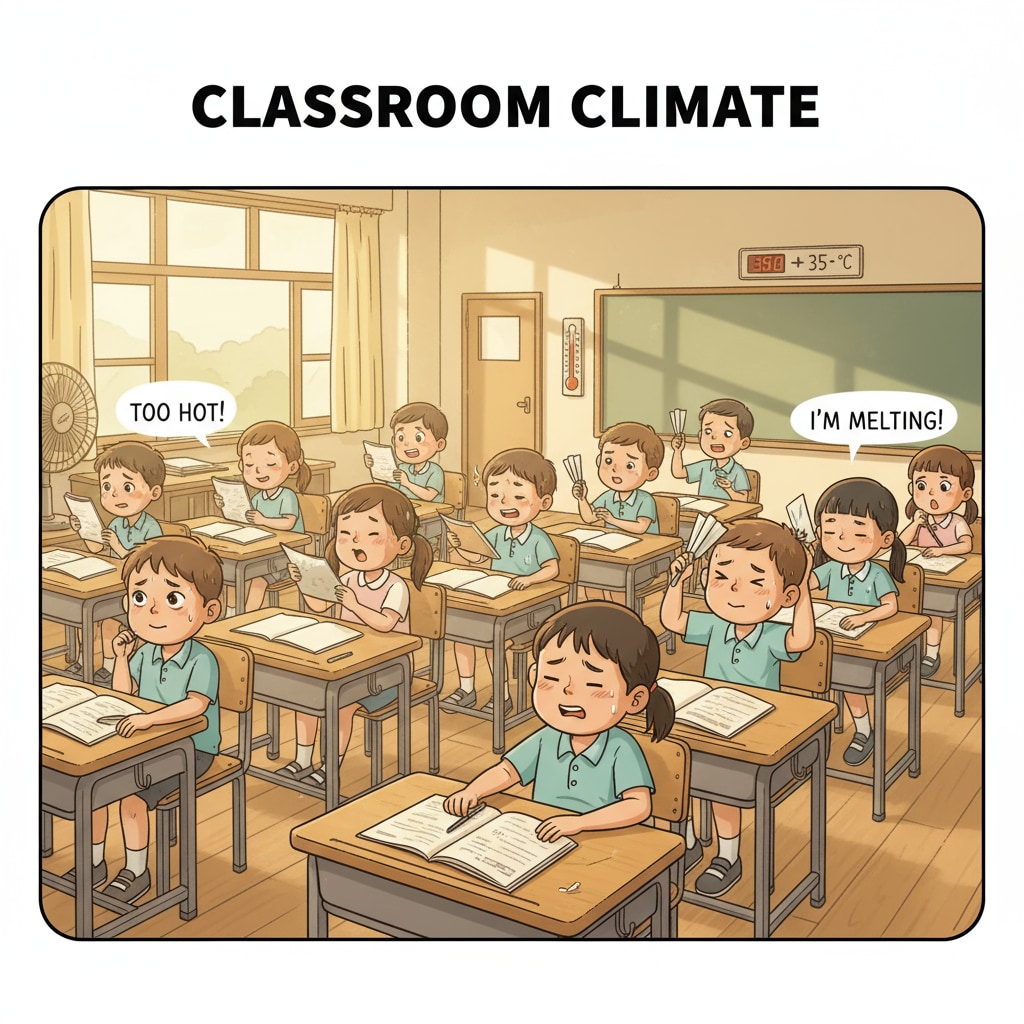 A group of students sitting in a hot classroom, looking uncomfortable with the heat. The classroom is filled with desks and chairs, and the students are fanning themselves. Students in a hot classroom without air conditioning showing discomfort