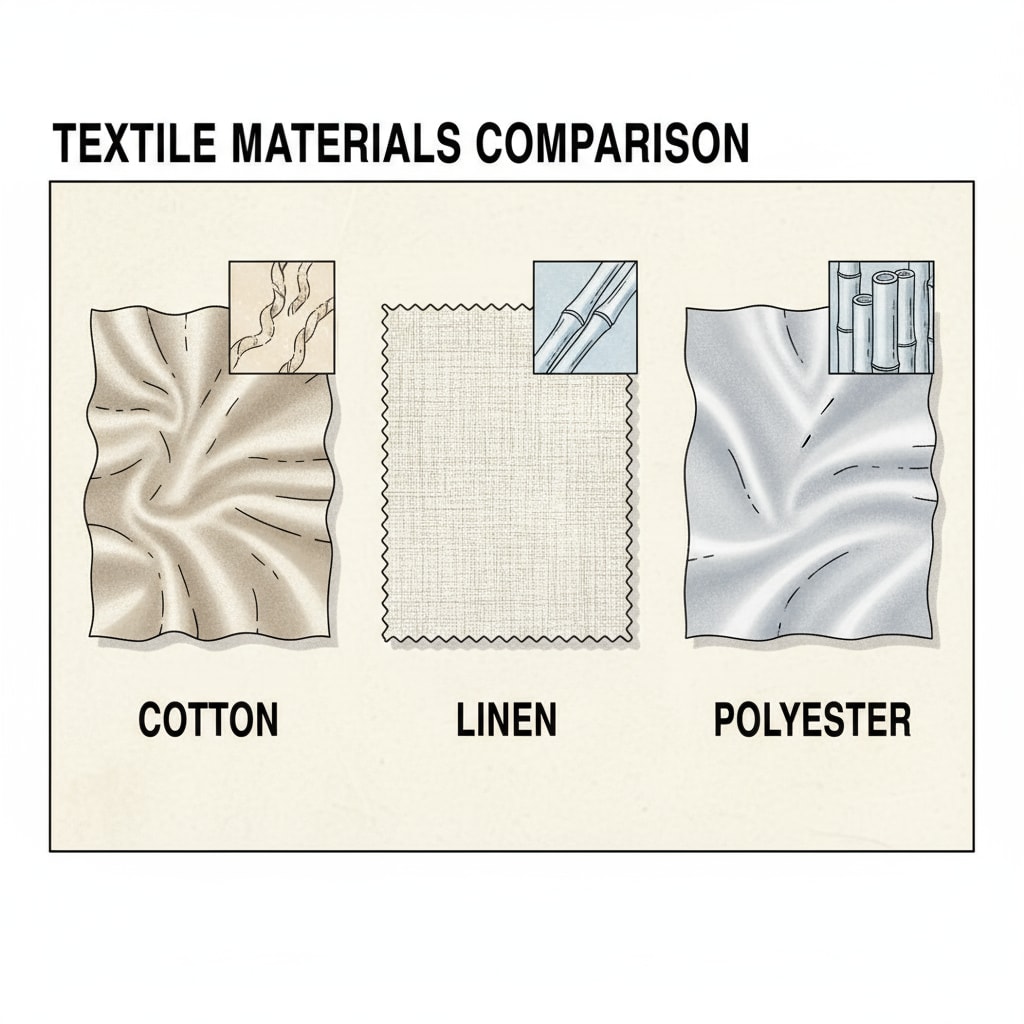 A display of different clothing materials, including cotton, linen, and polyester. The materials are laid out side by side for comparison. Display of clothing materials suitable for hot classrooms without air conditioning