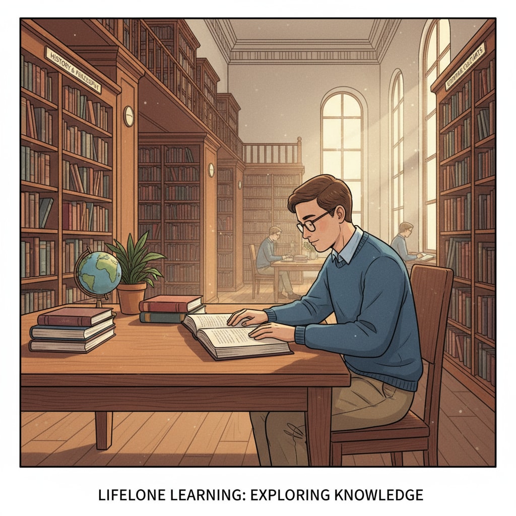 A person engaged in lifelong learning by reading in a library