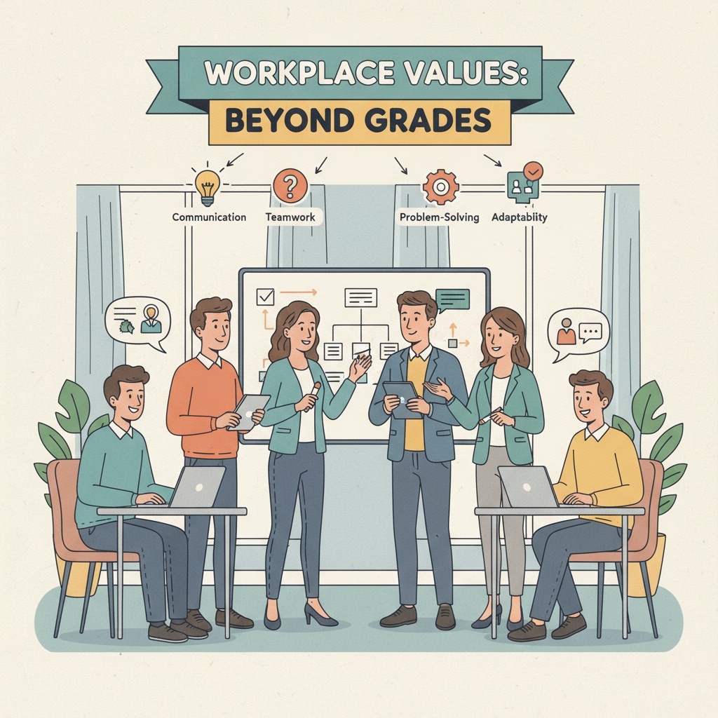Employees collaborating on a project, demonstrating workplace value related to university grades, employment, and workplace value