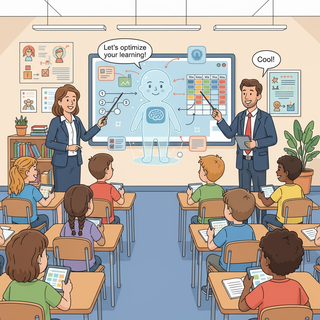 A visual representation of an AI planning assistant interacting with students and teachers in a classroom setting. Visual of an AI planning assistant in an educational environment highlighting teacher tools, time management, and educational technology