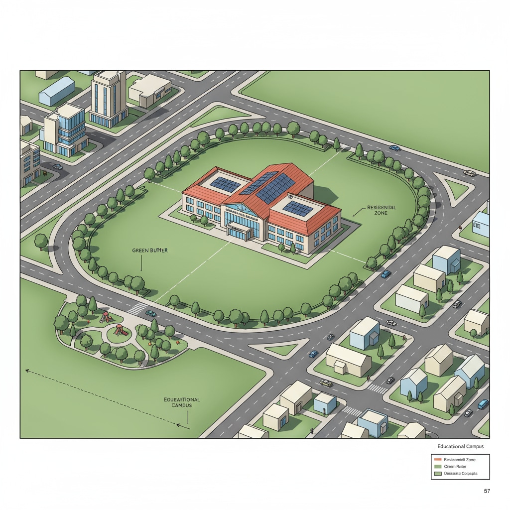 A view of a modern town with a school building standing apart from the community, showing the visual separation between the school and the community. A modern town with a school building separated from the community, related to school system independence and community separation