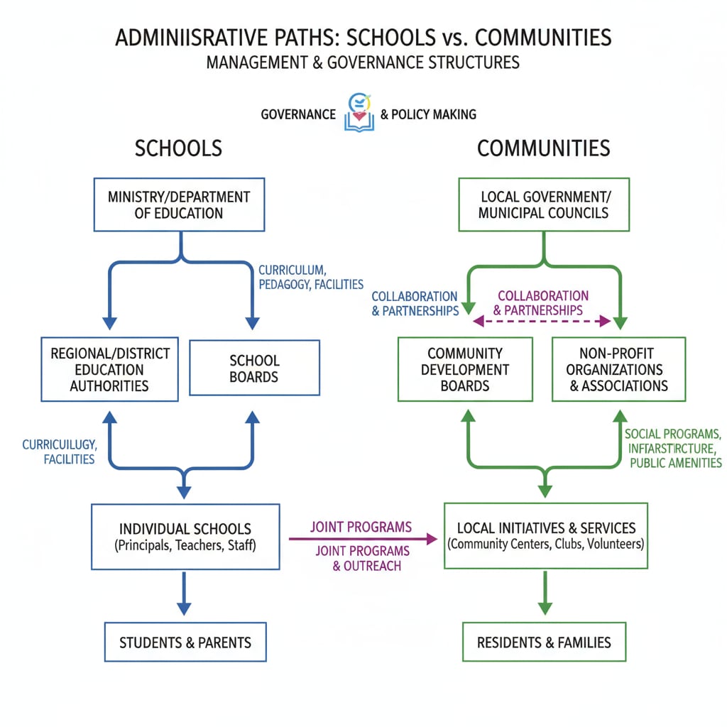 A diagram showing the different administrative paths of schools and communities, highlighting the differences in management. Diagram of different administrative paths of schools and communities, related to school system independence and community separation