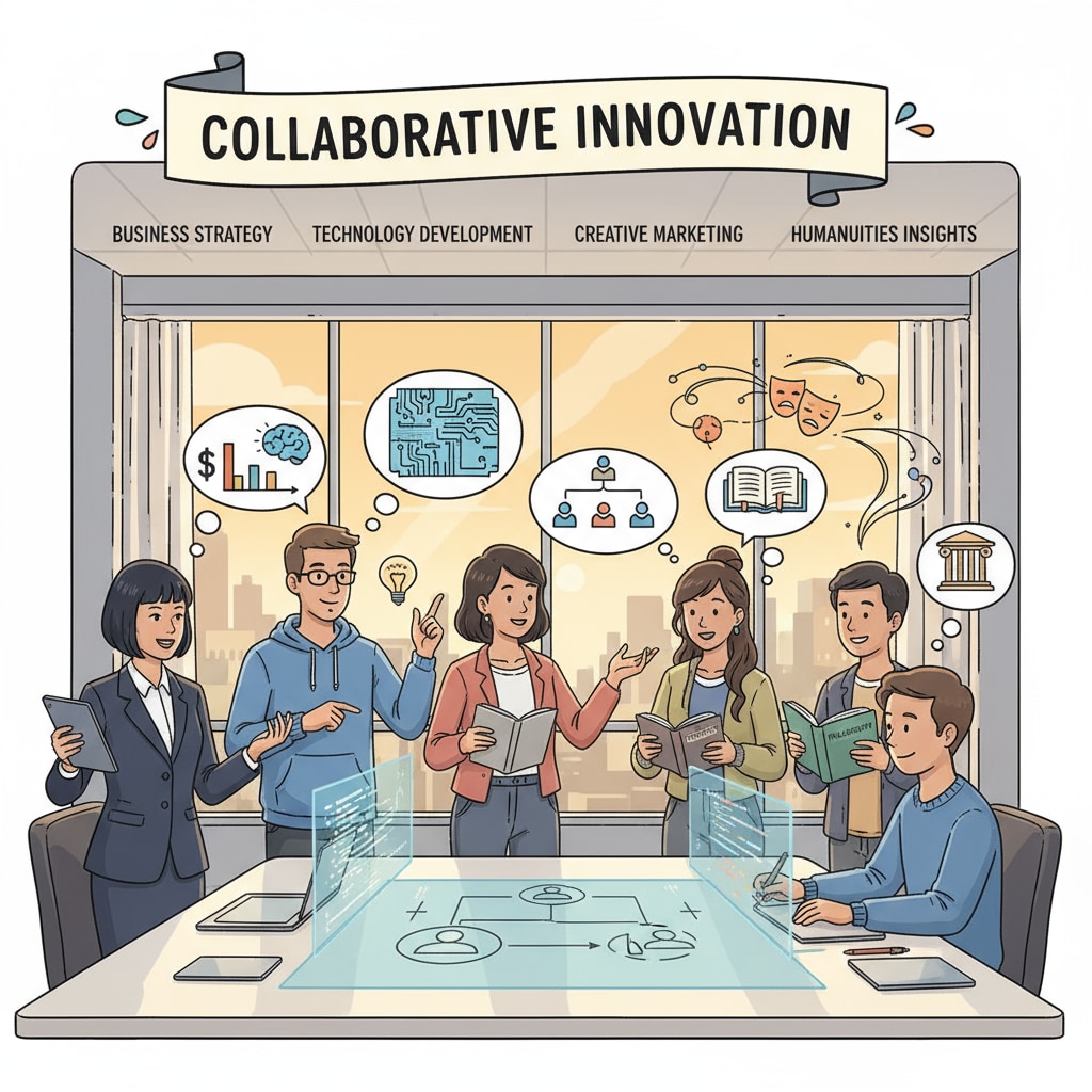 Professionals with humanities backgrounds collaborating in different job fields
