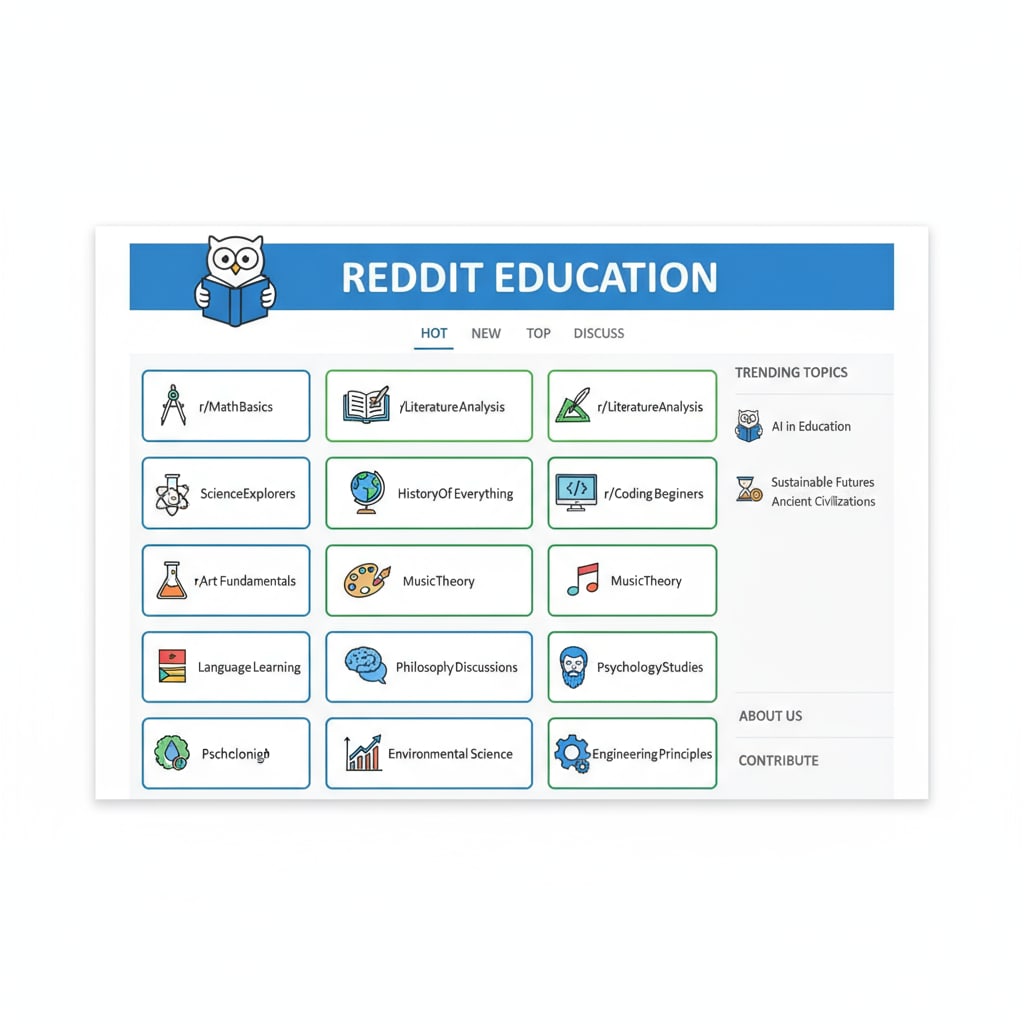 A screenshot of the Reddit education main page with various subreddits listed, showing the diversity of educational topics available. Screenshot of Reddit education main page with community rules, educational subreddits, and posting guidelines in view.