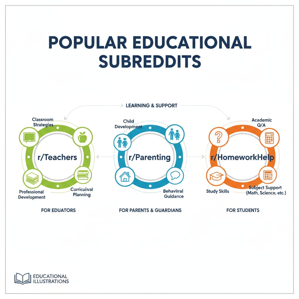 A list of popular educational subreddits such as r/Teachers, r/Parenting, and r/HomeworkHelp, highlighting the different areas of focus. List of popular educational subreddits related to community rules, educational subreddits, and posting guidelines.