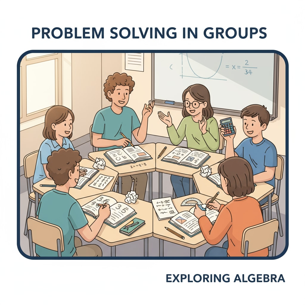 A classroom scene shows students engaged in a discussion about math problems, with books and papers scattered on their desks. Students discussing advanced math problems in a classroom, highlighting the practicality debate in mathematics education.