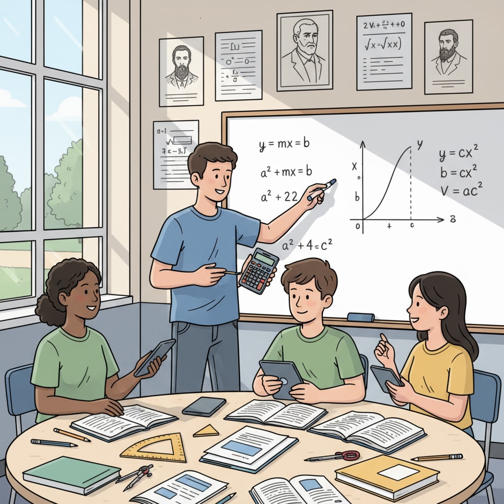 A group of students are collaborating on a math project, using calculators and writing on a large whiteboard. Students working together on a math project, demonstrating the practical application and value of advanced math education.