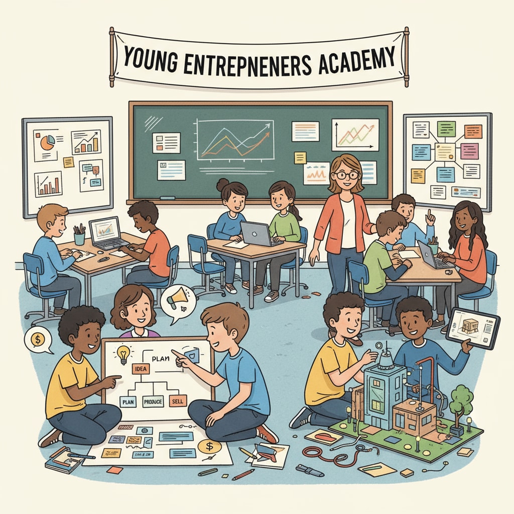 Students engaged in practical entrepreneurial learning in a K-12 classroom