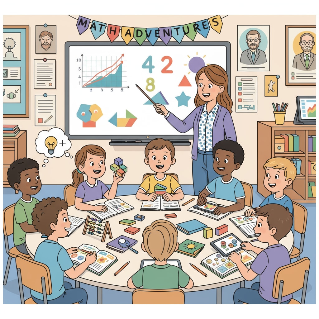 A group of 9-year-old children are attentively listening to a math teacher during a fun learning activity. They are engaged and showing interest in the math lesson. 9-year-old children learning math in a fun activity related to children's math, learning projects, and math difficulties