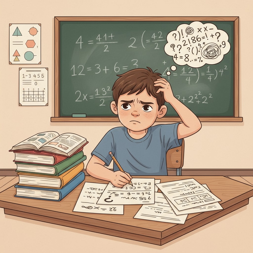A child is sitting at a desk, looking confused while trying to solve a math problem. This depicts the situation of a child facing math difficulties. A child struggling with a math problem related to children's math, learning projects, and math difficulties
