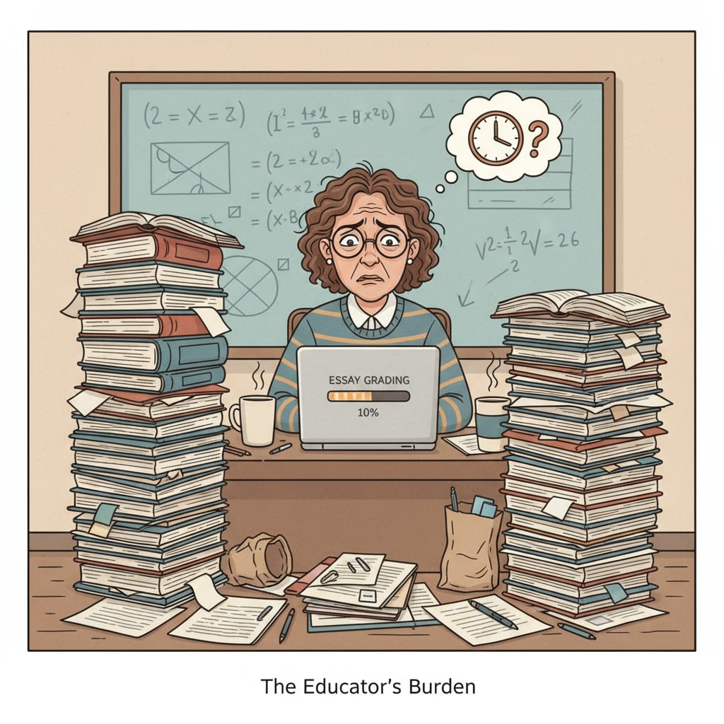 Teacher under heavy workload, highlighting the need for educational technology based on feedback