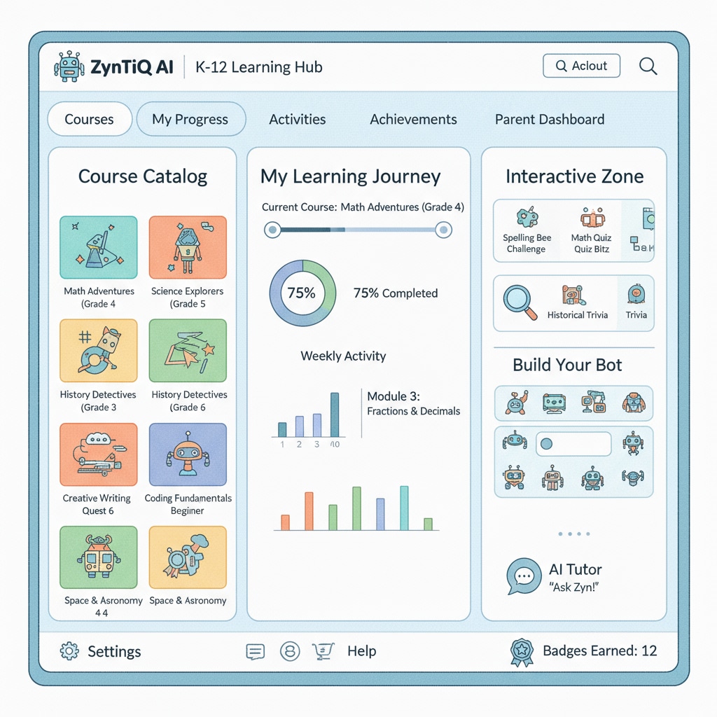 ZynTiQ AI education platform interface for K12 students with artificial intelligence education, lifetime membership, and certified courses features