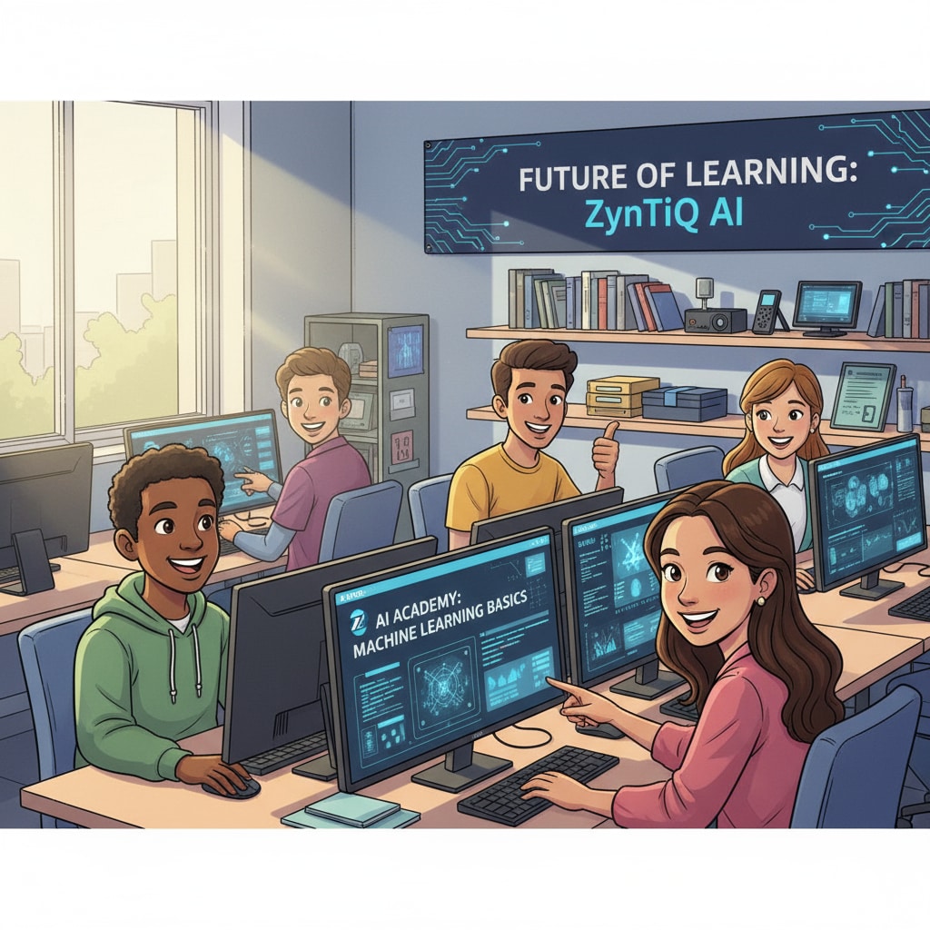 Students learning AI courses on ZynTiQ platform related to artificial intelligence education, lifetime membership, and certified courses