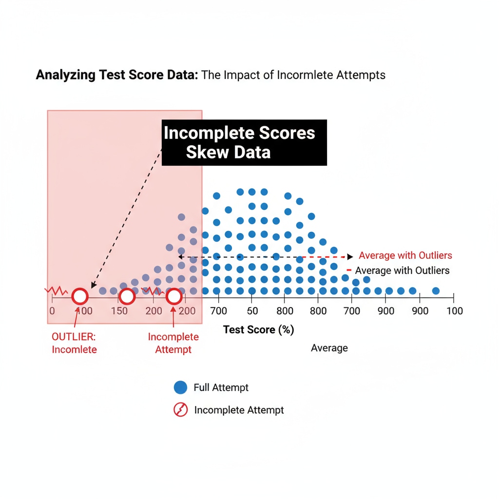 Graphical representation of test score data set with outliers from incomplete attempts