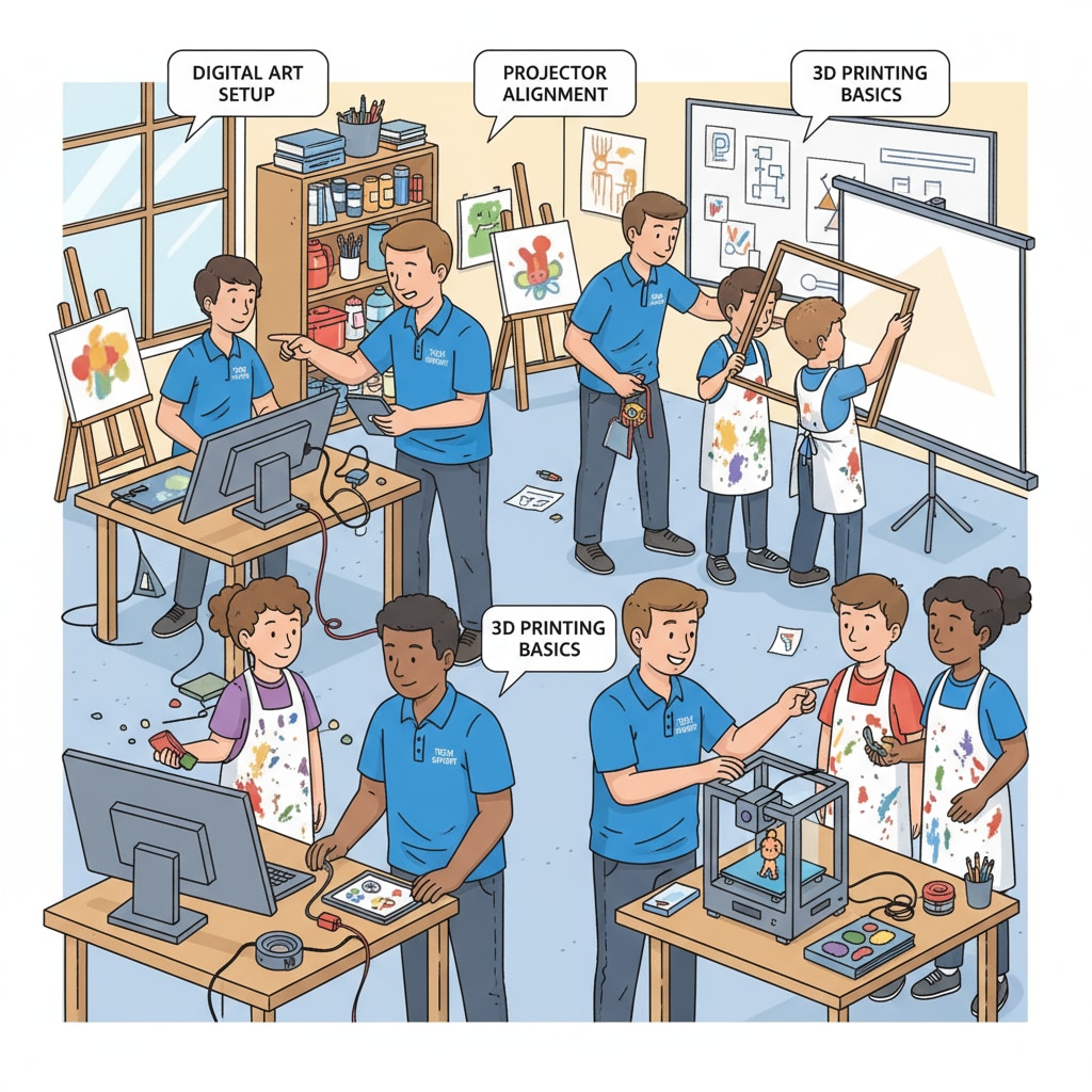 Technical support team members assisting art students in art education within district services.