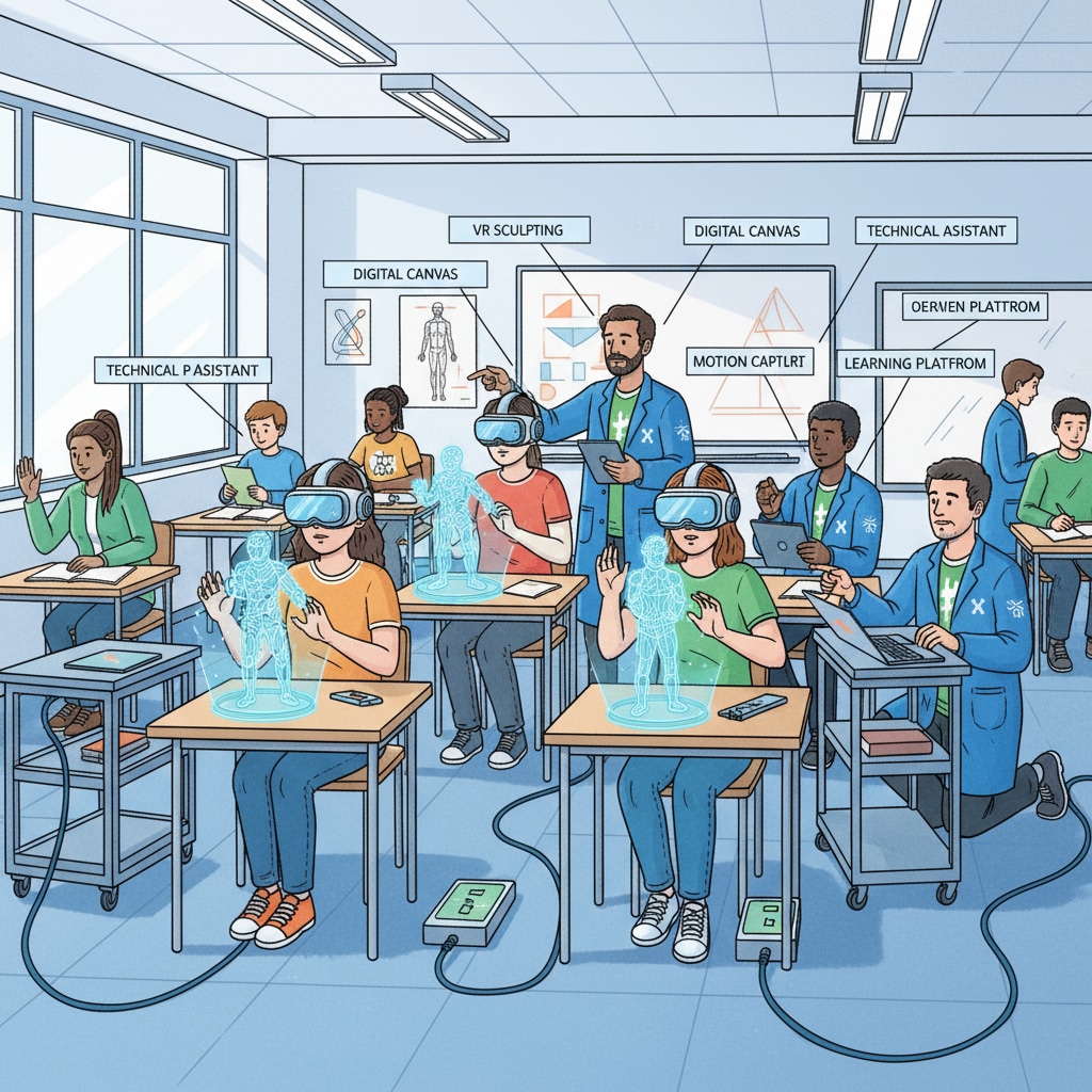 Students in art class using VR technology with the assistance of technical support team in district art education.