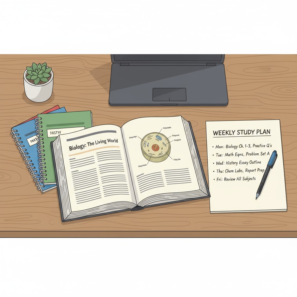 A student studying with a detailed study plan and textbooks for baccalauréat preparation