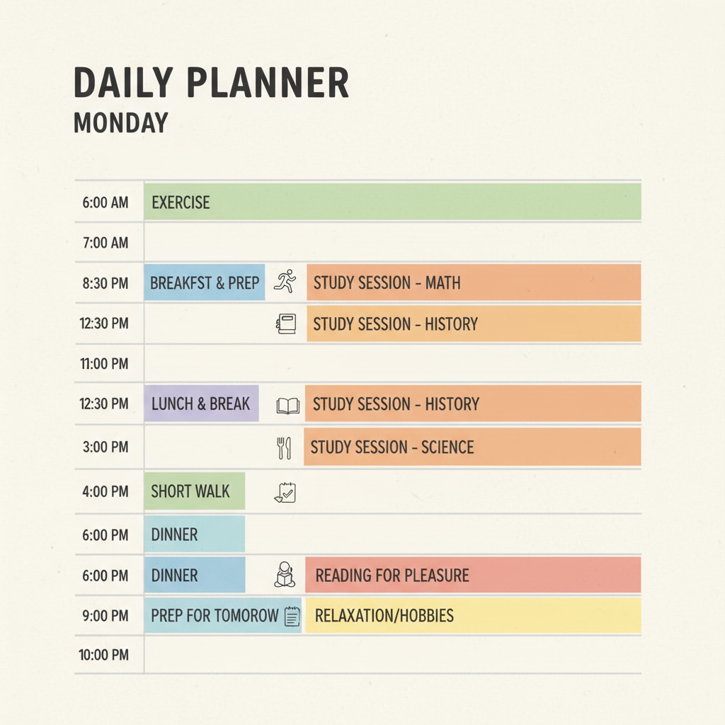 A calendar with time slots allocated for different activities including study and relaxation for baccalauréat preparation