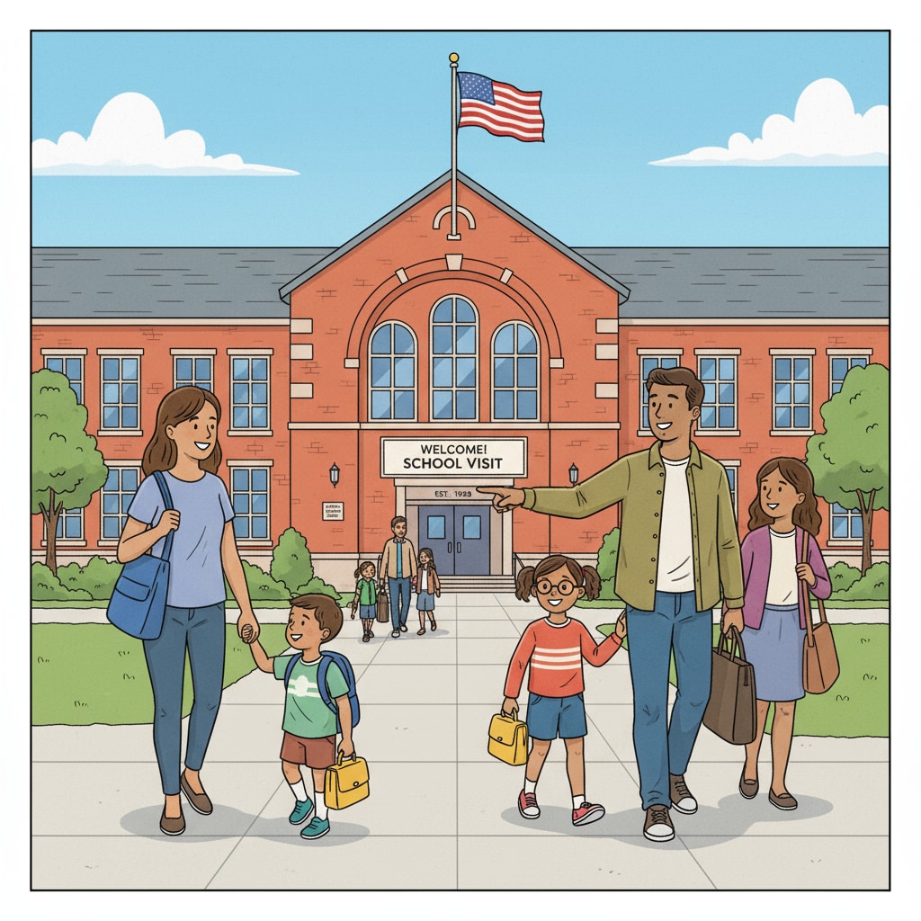 Parents and children starting a school visit to a public school for education choice considerations