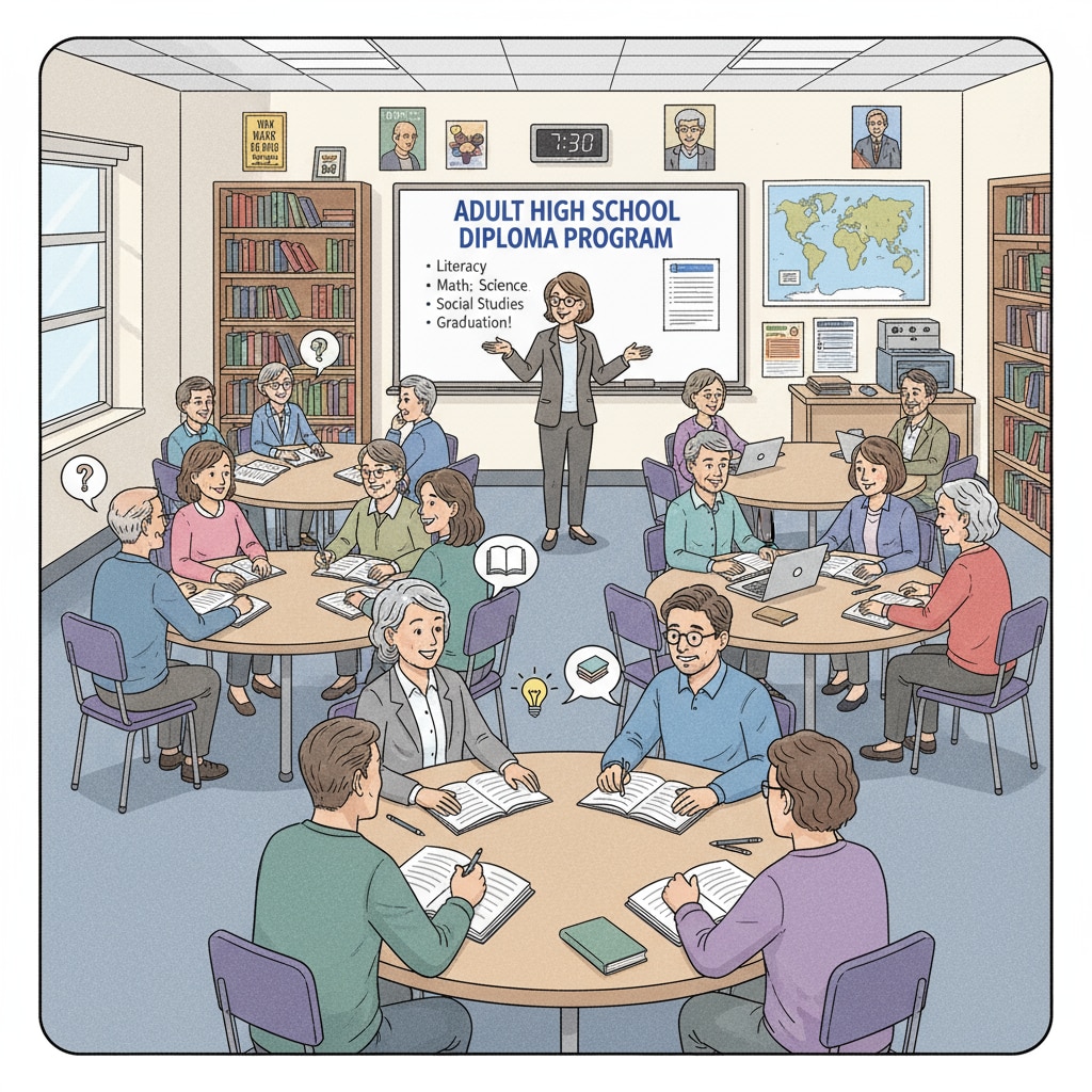 A classroom filled with adult learners participating in a high school diploma program. The students are engaged in discussions with the instructor. Adult learners in a high school diploma program classroom setting related to adult education, high school diploma, and college entrance