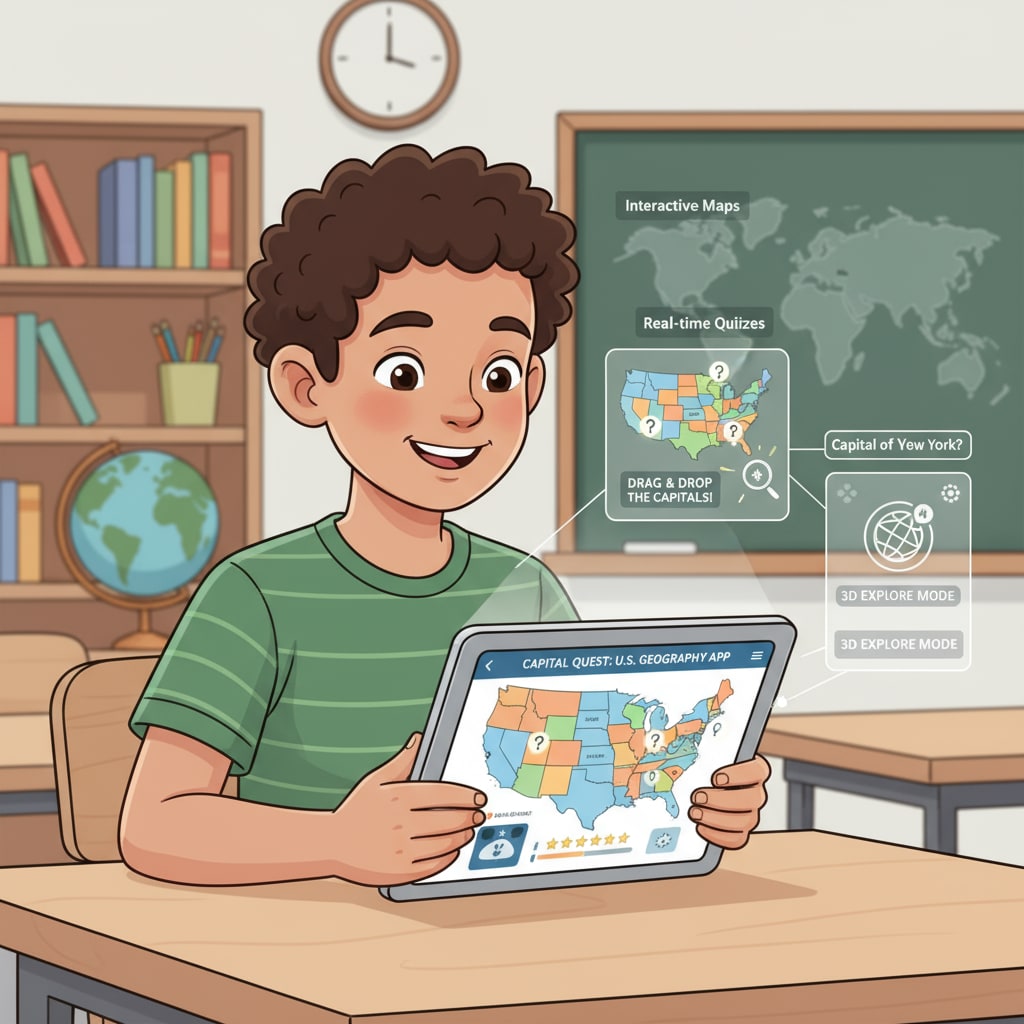An illustration depicting a child actively engaged in using a state capital learning app on a tablet, with vivid maps and interactive features designed to enhance geography learning. A child using a state capital learning app for geography education, with elements related to educational feedback.