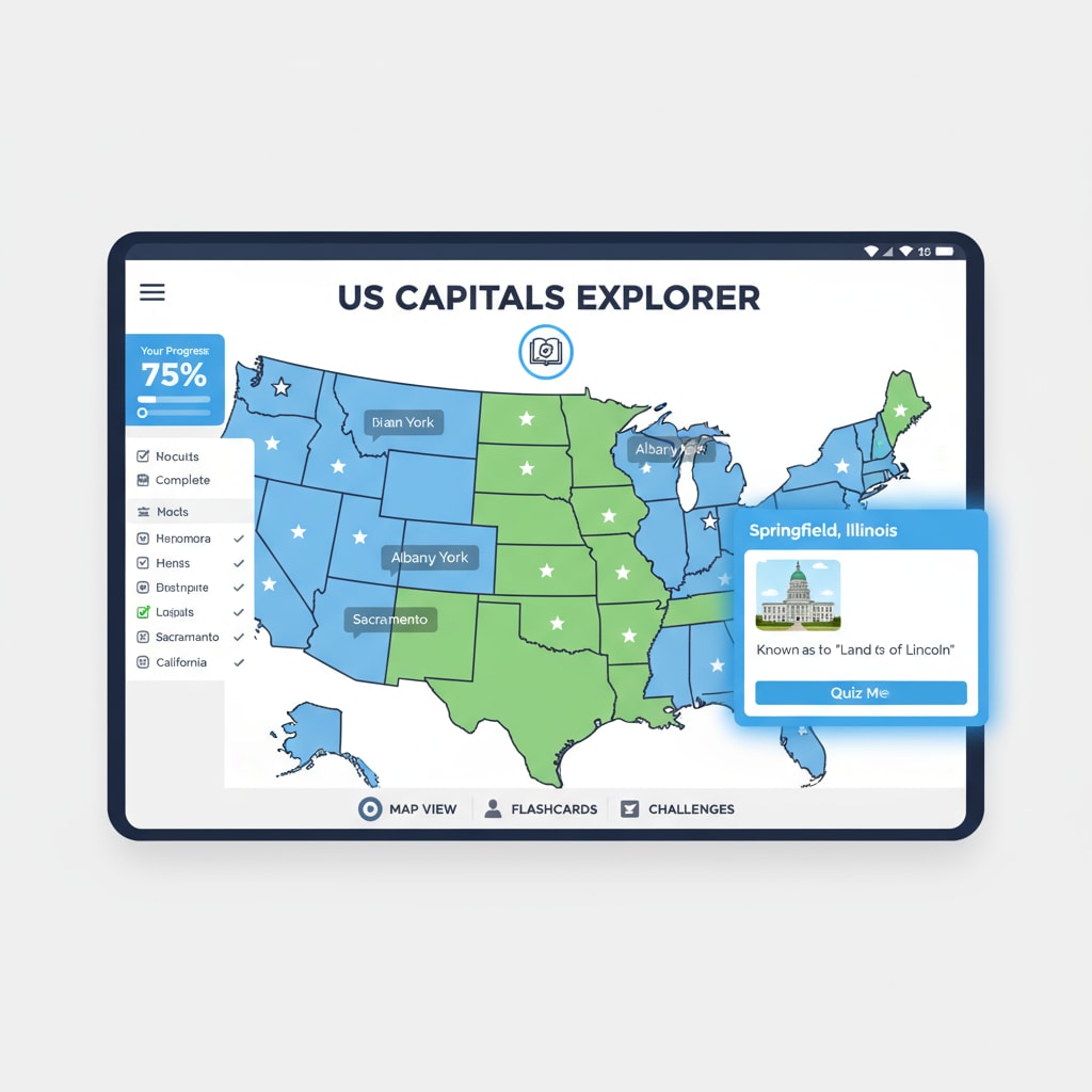A screenshot showcasing a state capital learning app's interface, highlighting a map with state capitals marked and interactive information boxes, which contribute to the educational value of the app in geography learning. Screenshot of a state capital learning app for geography education, incorporating elements influenced by educational feedback.