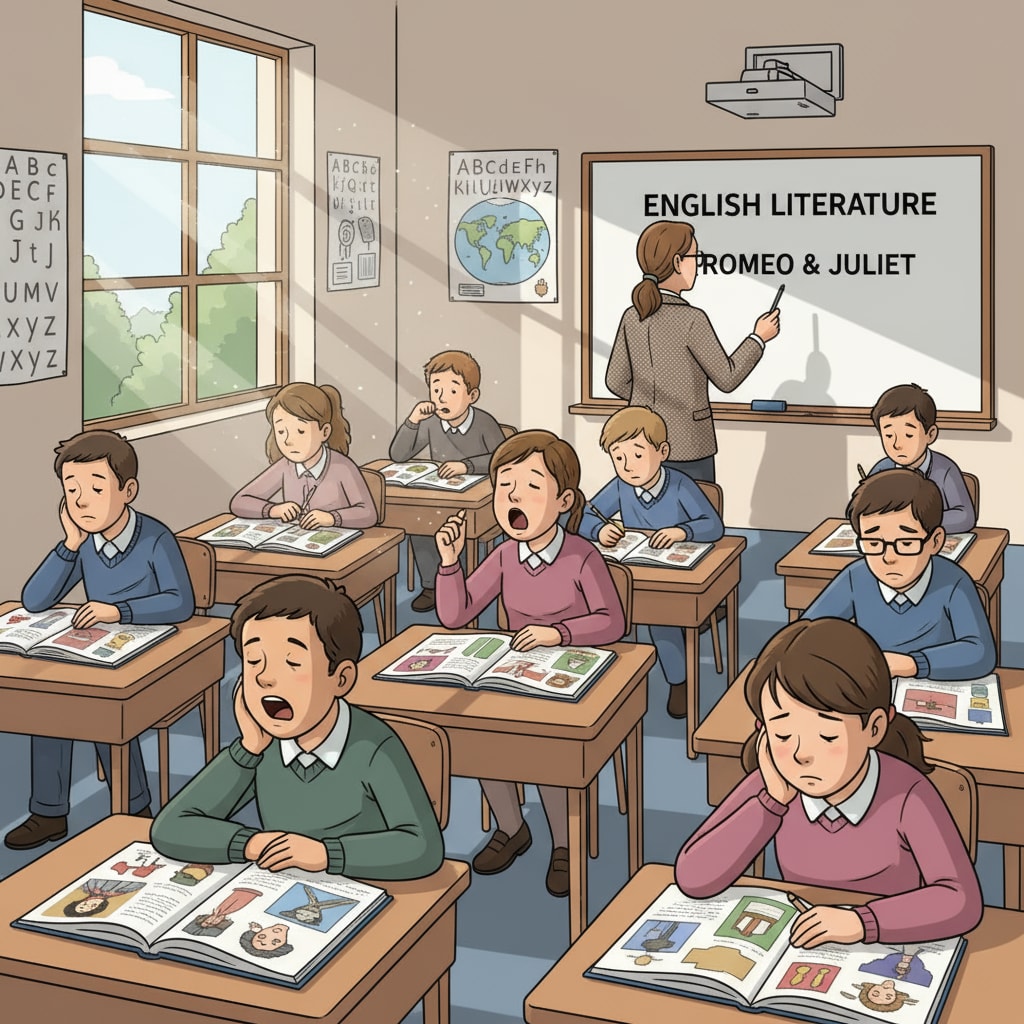 A classroom scene where students are looking bored during an English lesson, with open books on their desks but showing lack of interest. Ninth - grade students showing disinterest in an English course, related to English courses, literary works, learning experiences
