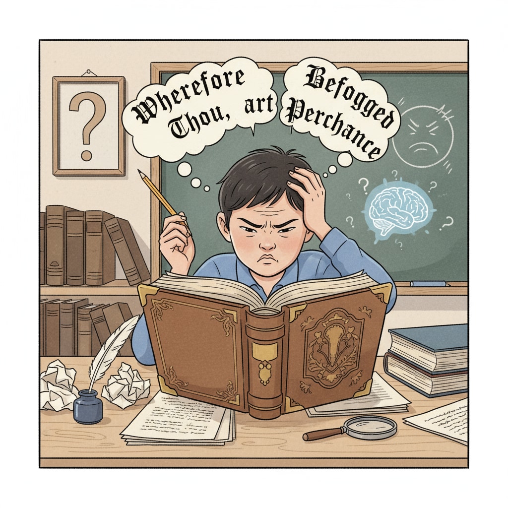 A young student sitting at a desk, looking frustrated while trying to read a thick classic literary book with old - fashioned language. A ninth - grade student struggling with a classic literary work, relevant to English courses, literary works, learning experiences