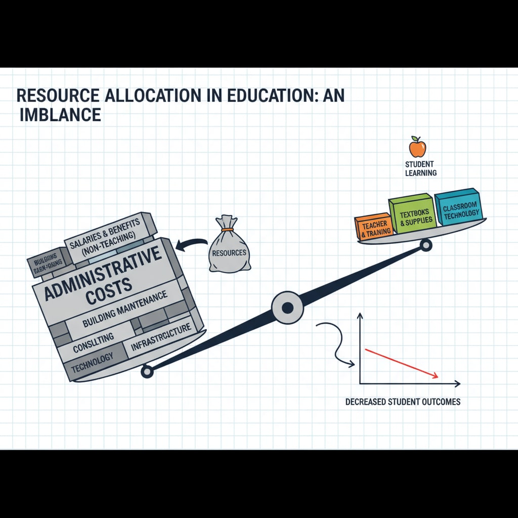 An illustration depicting an uneven distribution of resources in education, with administrative costs overpowering student learning resources. Illustration showing the imbalance between administrative salaries and student learning resources in education funding allocation
