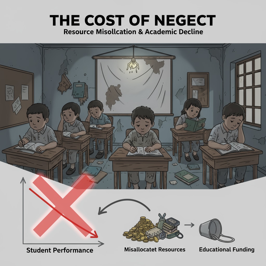 A picture of students looking disheartened in a classroom with inadequate learning facilities, highlighting the impact of resource misallocation on student performance. Image of students affected by insufficient education resources due to improper funding allocation