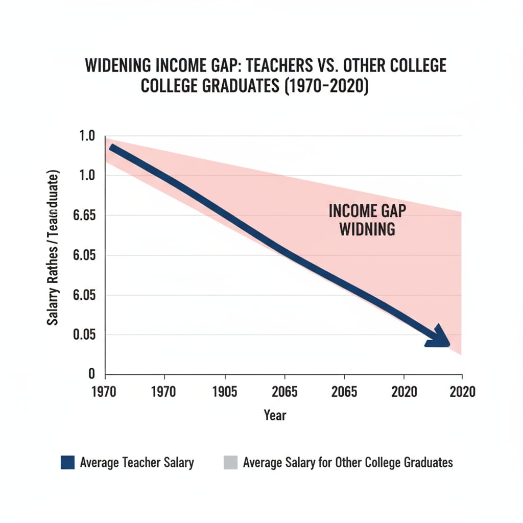 A graph depicting the upward trend of the income gap between teachers and other college graduates over a period of several decades. The x - axis shows the years, and the y - axis represents the salary ratio. Graph showing the increasing income gap between teachers and other college graduates related to teacher salaries, income gap, and teacher shortage