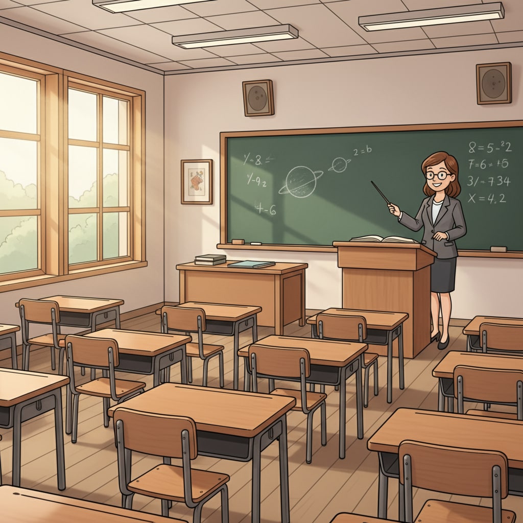 A classroom with traditional teaching setup, desks in rows, a blackboard, and a teacher standing in front. Traditional primary education classroom setup related to educational innovation, teaching methods, and curriculum design