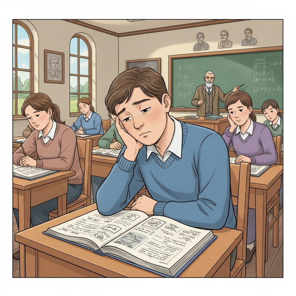 A bored student sitting at a desk in a traditional classroom, looking uninterested. Bored student in a traditional classroom representing flaws in teaching related to educational innovation, teaching methods, and curriculum design